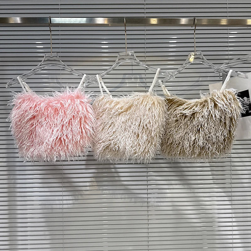 Winter New Sweet Temperament Faux Wool Adjustable Strap Camisole For Women Backless Tank Top Female 11A07775