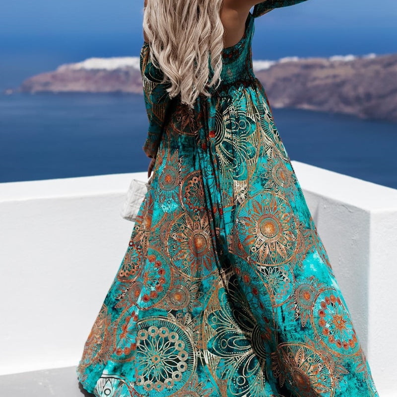 Summer Women Fashion Vacation Beach Dress Long Sleeve Loose Tribal Print Off Shoulder Corset Slit Holiday Maxi Dresses