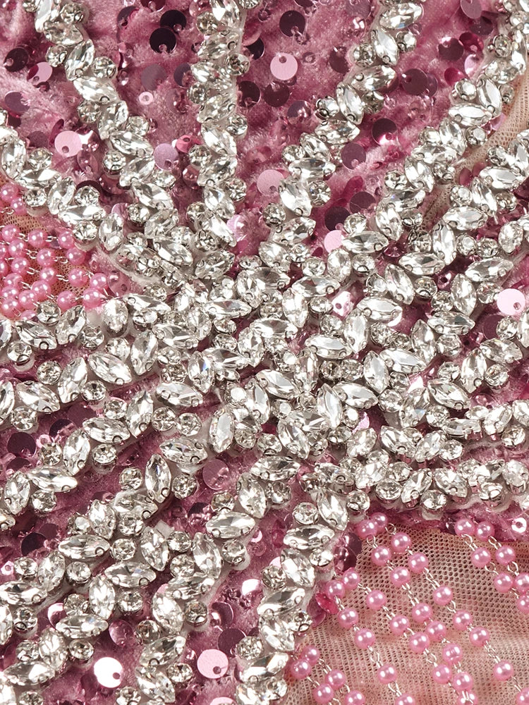 Pink Sparkly Sequins Long Dress Pearls Chains Design Off the Shoulder Long Sleeves Formal Occasion Mermaid Party Evening Gown