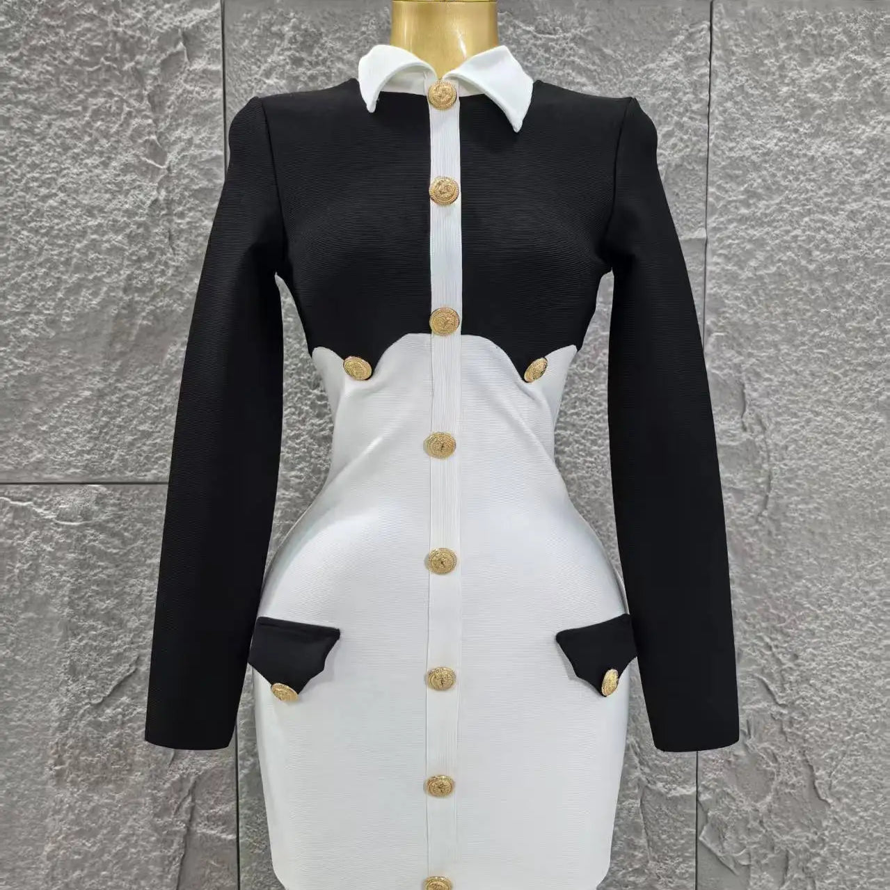 Women Long Sleeve Sexy Pacthwork Button Bodycon Mini Bandage Dress Elegant Evening Party Red Carpet Fashion Cocktail Outfit black