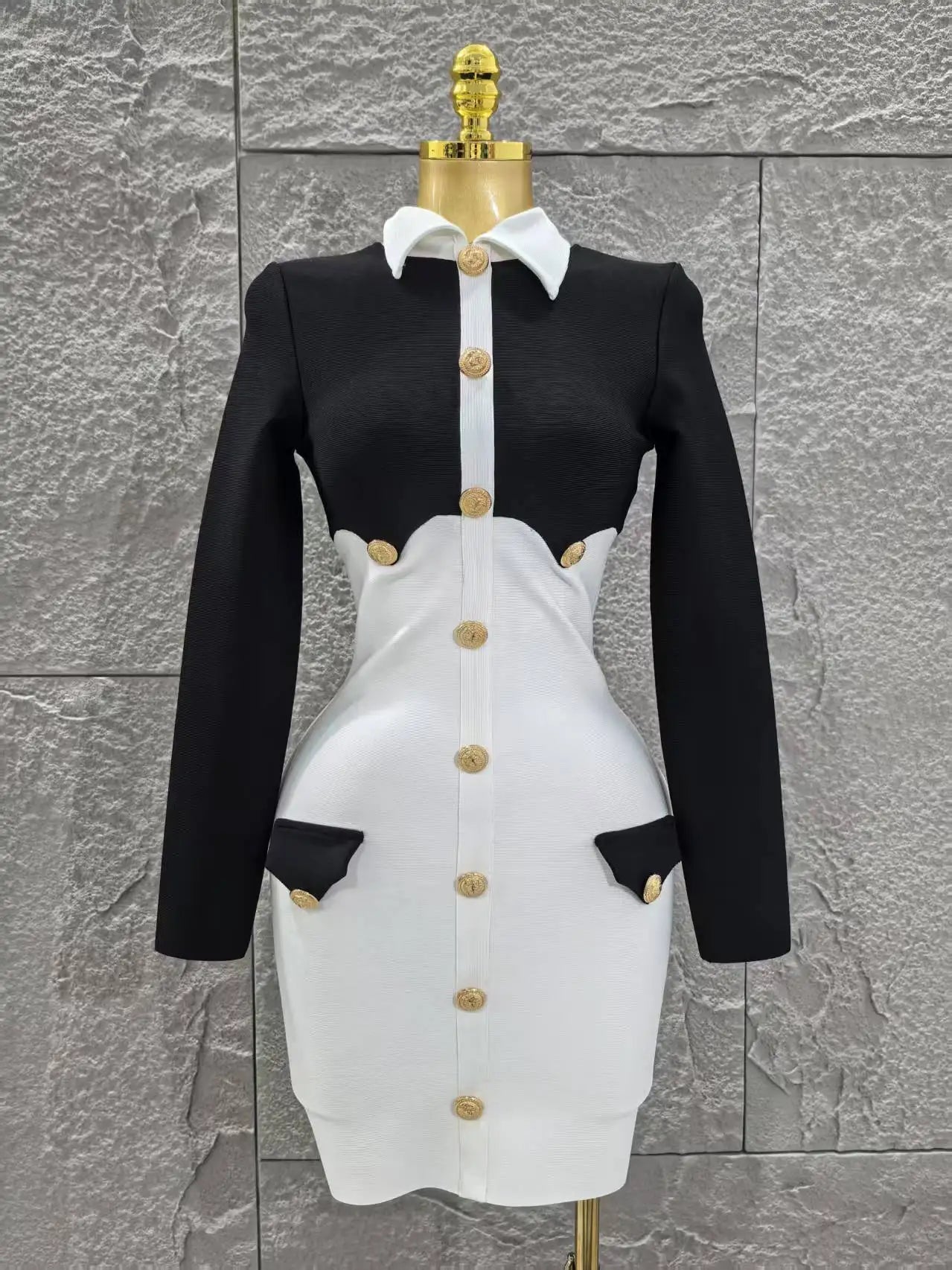 Women Long Sleeve Sexy Pacthwork Button Bodycon Mini Bandage Dress Elegant Evening Party Red Carpet Fashion Cocktail Outfit black