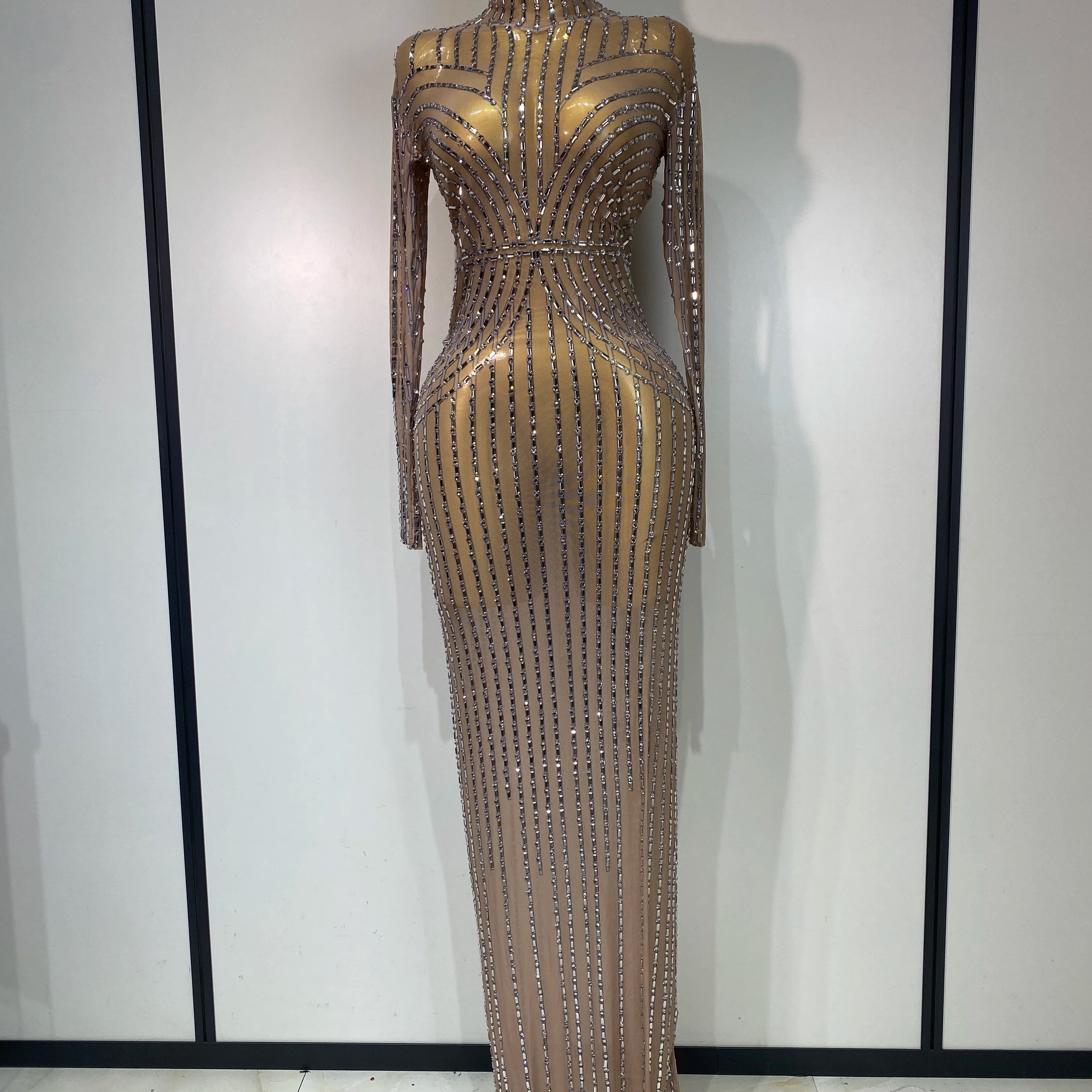 Sexy Long Sleeve Mesh See Through Gold Silver Maxi Dress Evening Party Singer Costume Stage Performance Luxury Birthday Dress Silver