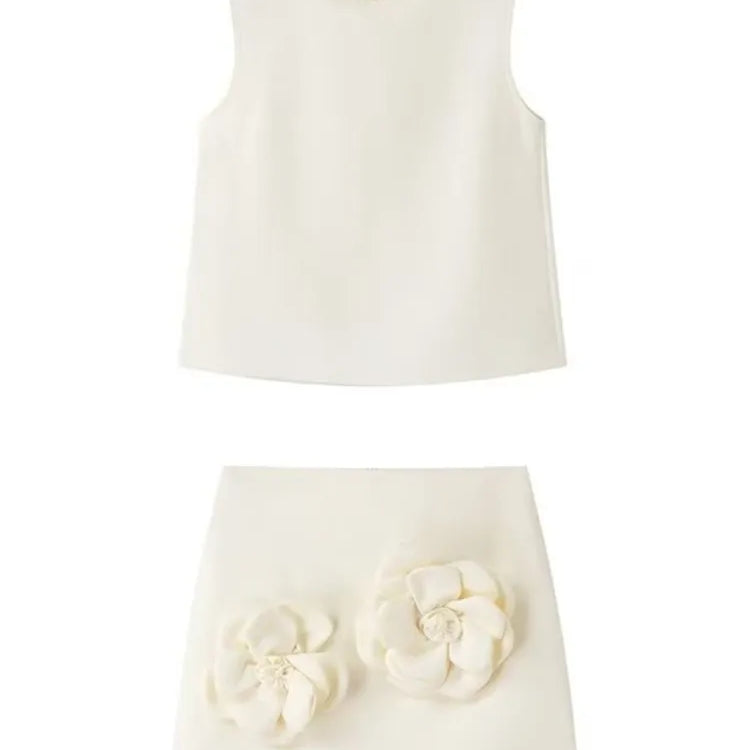 Aonibeier 3D Flowers Women Mini Skirt Suits Traf Summer Sleeveless Blouse Female Crop Top Extreme Short Skirt Sets Y2K BG