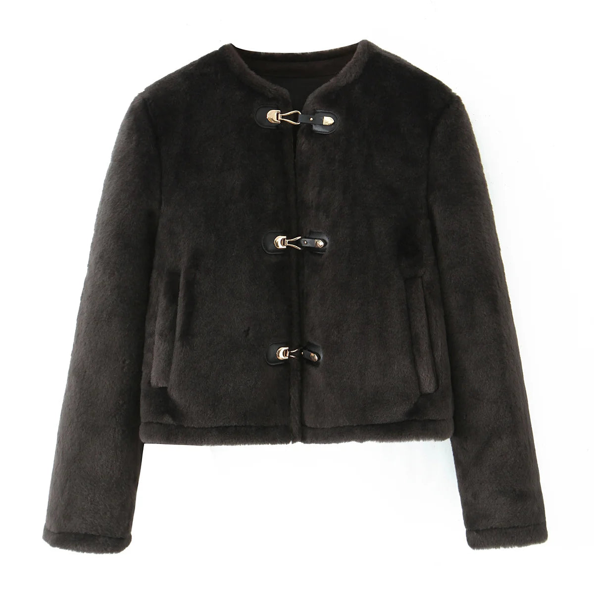 Street Women Causal Faux Fur Jackets 2025 Autumn Winter Fashion O-neck Single Breasted Loose Coats Vintage Warm Chic Outwear 3