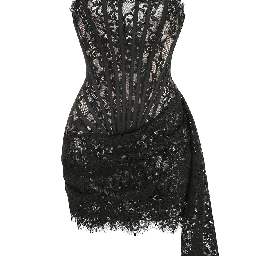 Christmas Dress For Women Red Lace Sexy Strapless Sleeveless Slim Supper Short Dress With Lace-Up black