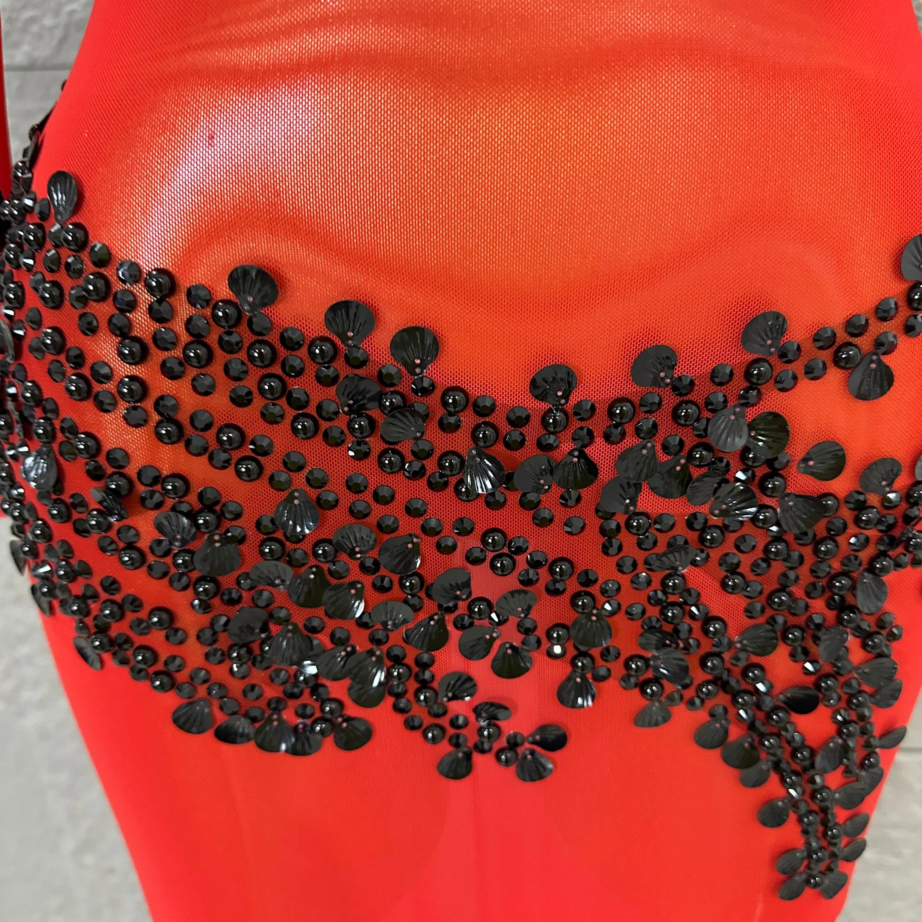 Sexy 2026 Black Sheer Mesh Maxi Dress Women Long Sleeve High Neck Red Rhinestone Embellished Bodycon Stage Costume