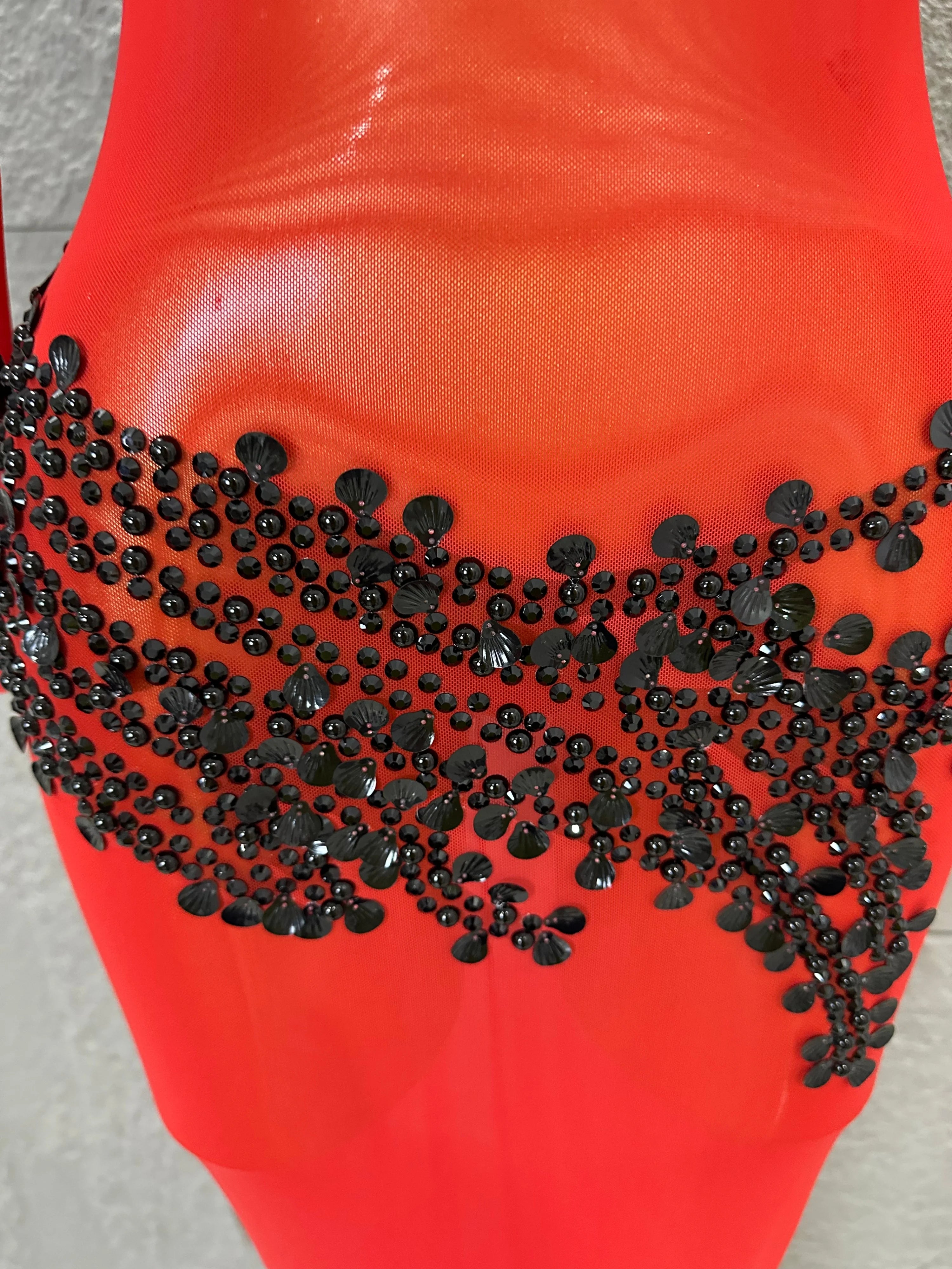 Sexy 2026 Black Sheer Mesh Maxi Dress Women Long Sleeve High Neck Red Rhinestone Embellished Bodycon Stage Costume