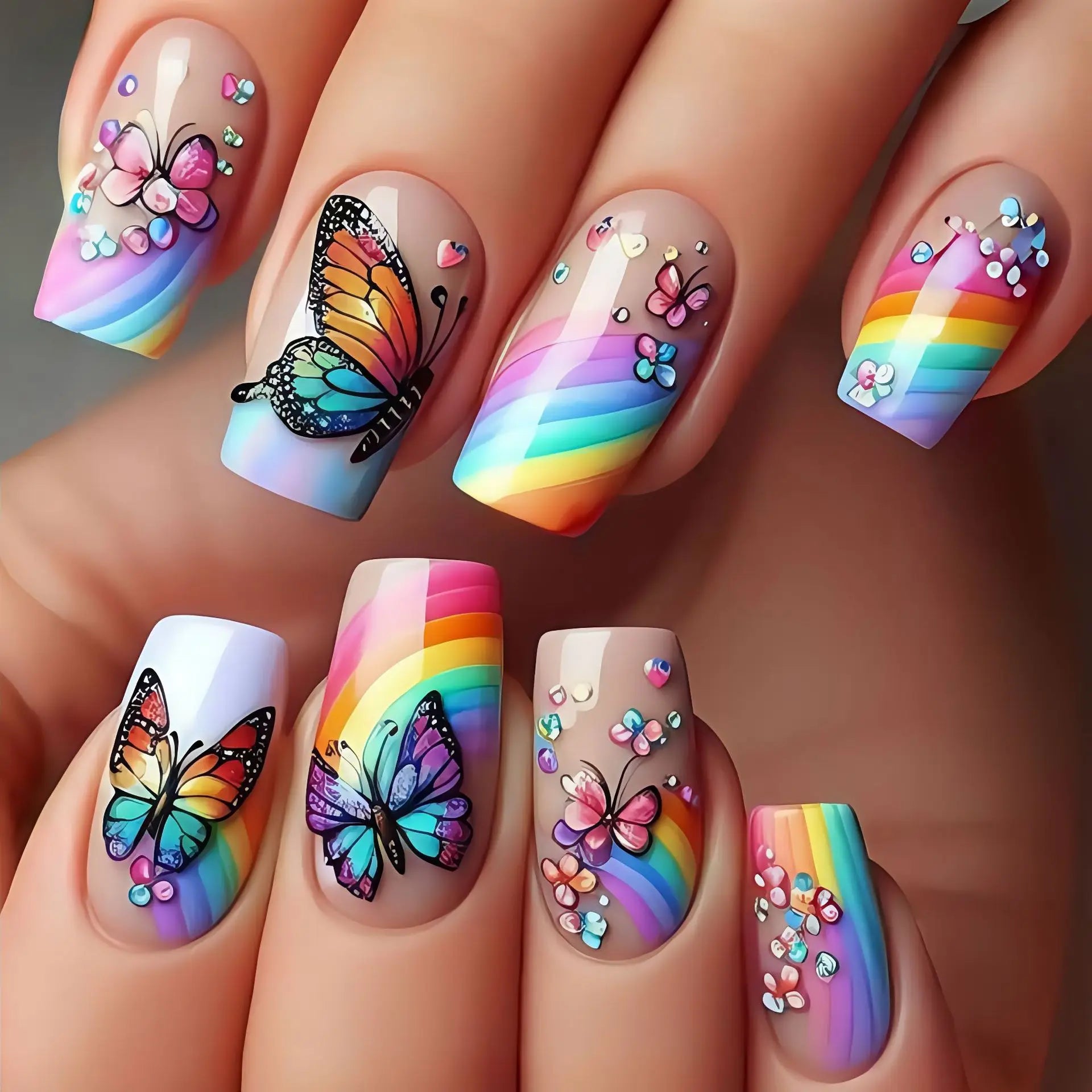 24Pcs Medium Coffin Press on Nails Colorful Gradient Stripes Gel Fake Nails Dreamy Rainbow Butterfly Nail Plant Flowers Nail Tip 1