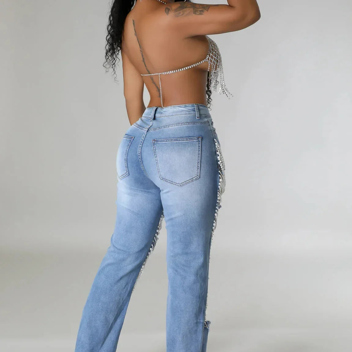 Women Fashion Pearl Beading Ripped Hollow Out Tassel Wide Leg Jeans 2024 New Summer INS Street Denim Pants Trousers