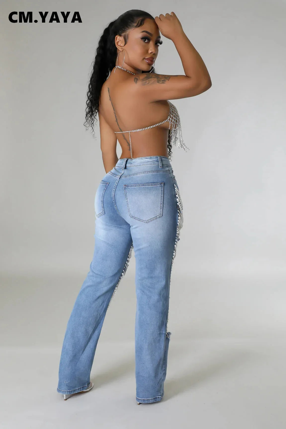 Women Fashion Pearl Beading Ripped Hollow Out Tassel Wide Leg Jeans 2024 New Summer INS Street Denim Pants Trousers