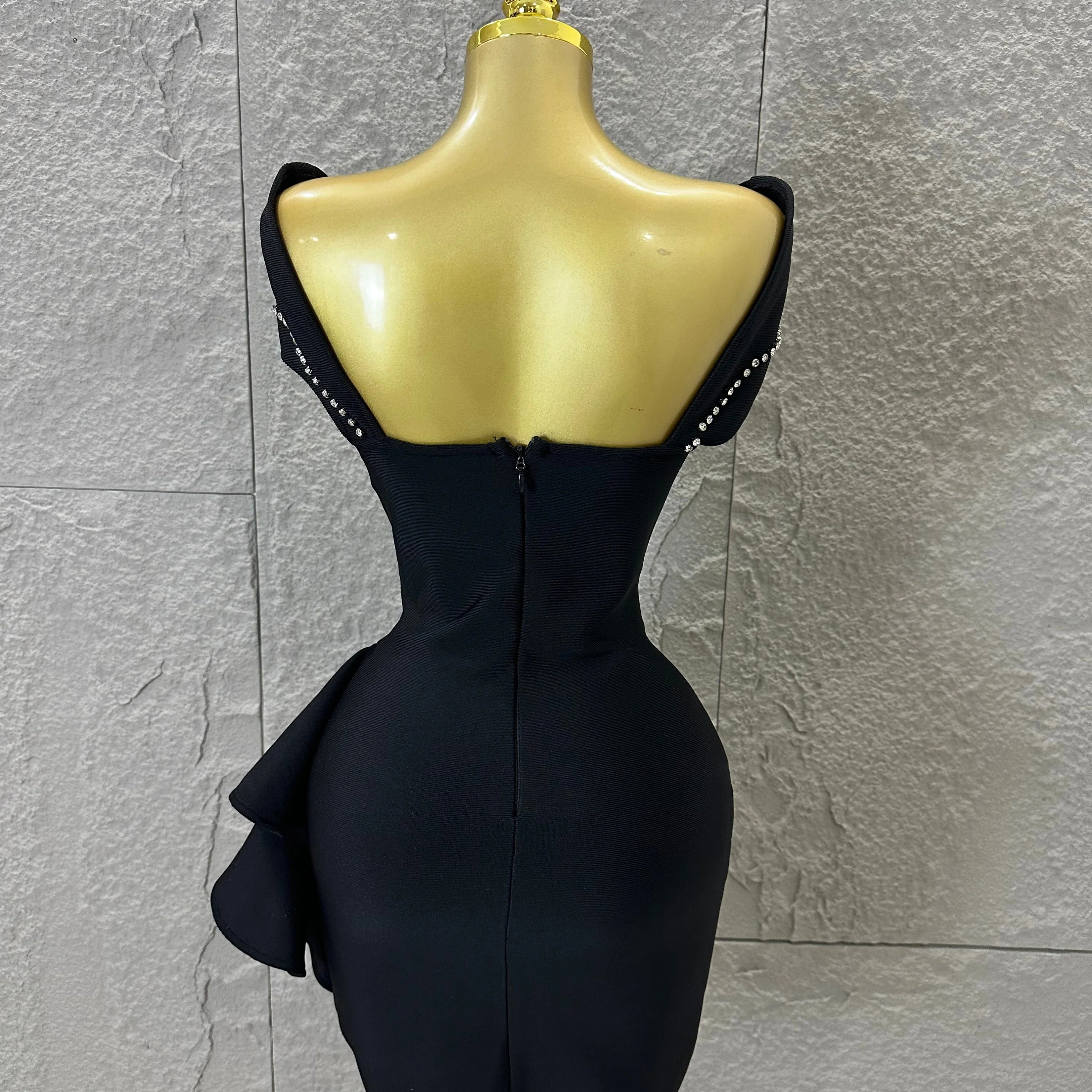 Elegant Black Red Off-Shoulder Mini Dress Women Sexy Crystal Embellished Ruffle Waist Bodycon Outfit Formal Event Party Costume