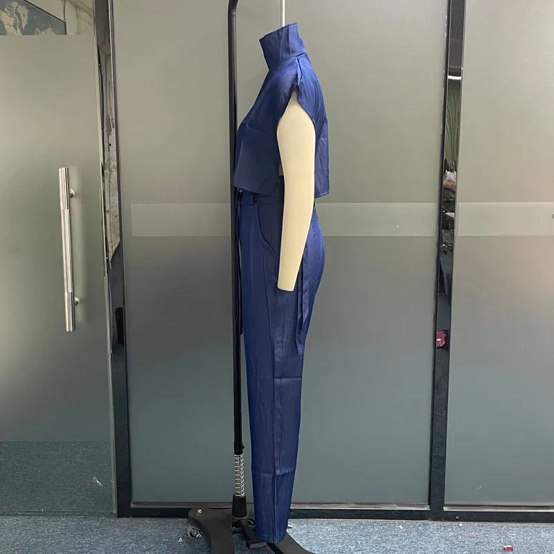 Waytobele Women Two Piece Set Summer Fashion Office Solid High Neck Short Sleeve Top Straight With Pockets Buckle Pants Sets