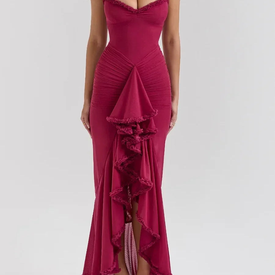 Suninheart Irregular Mesh Party Dresses 2024 New Arrivals Spaghetti Strap Bodycon Dress Fashion Ruched Long Dress Women wine