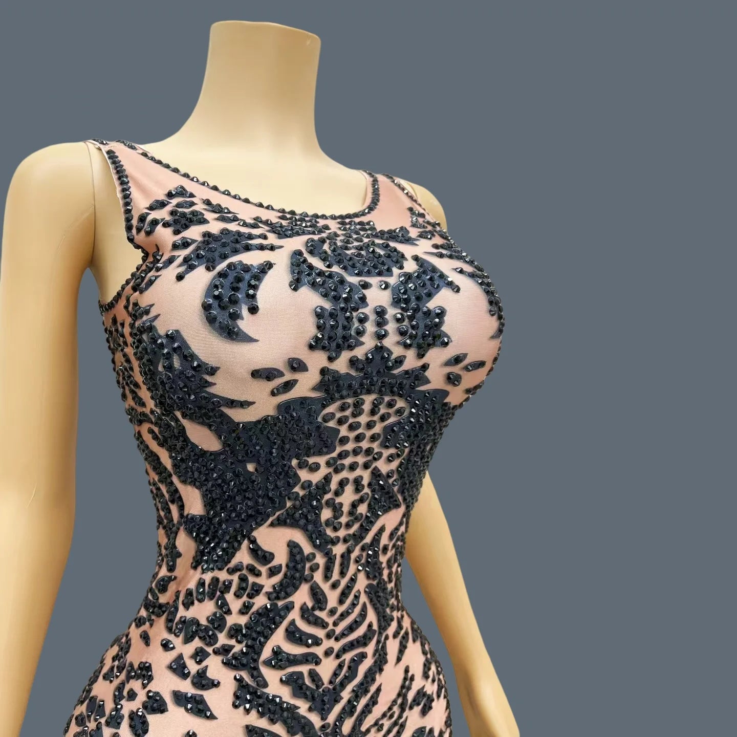 Women's Black Pattern Rhinestone Sparkly Ball Dress Birthday Luxury Dinners Sexy Maxi Dress Celebrate Party Evening Gown Heijiao