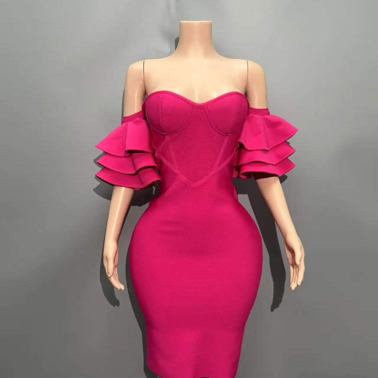 Rosered Color Women Sexy Strapless Ruffles Bodycon Mini Bandage Dress Birthday Party Celebrate Cocktail Dress Vestido