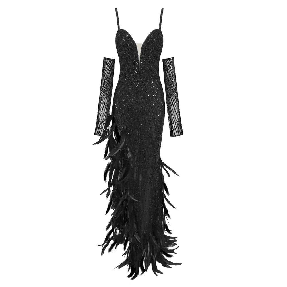 Black Pearls Long Dress Spaghetti Straps Sweetheart Neck Feathers Embellished Split Sequins Party Evening Gown With Gloves black