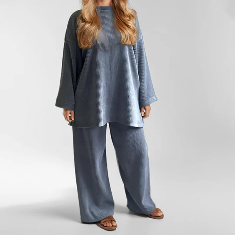 Autumn Winter Solid Color Corduroy Pants Sets Women Loose Long Sleeve Wide Legs Trousers Two Piece Set Female Commuting Clothing Blue