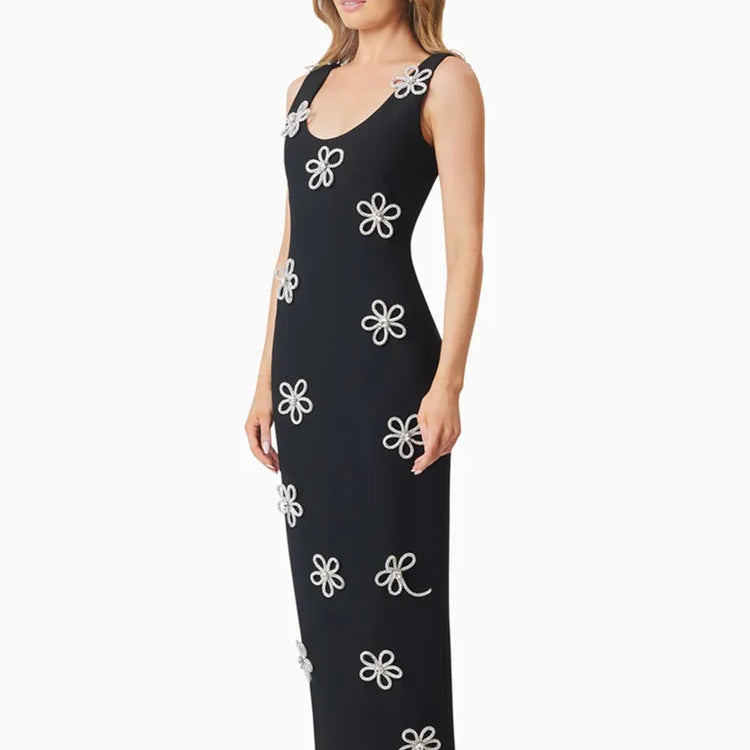 Women Celebrity Sexy Tank Sleeveless Diamonds Black Ankle Length Bodycon Bandage Dress 2025 Elegant Evening Club Party Outfit