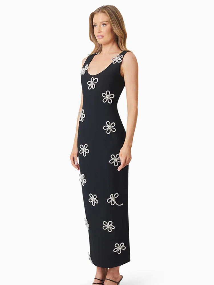 Women Celebrity Sexy Tank Sleeveless Diamonds Black Ankle Length Bodycon Bandage Dress 2025 Elegant Evening Club Party Outfit