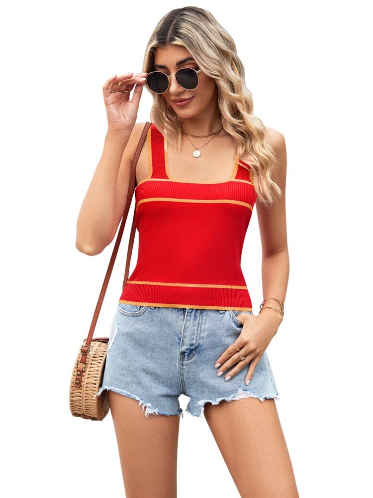 Women's 2024 Summer New Contrast Color Foreign Trade Knitted Sweater Short Style Crop Vest