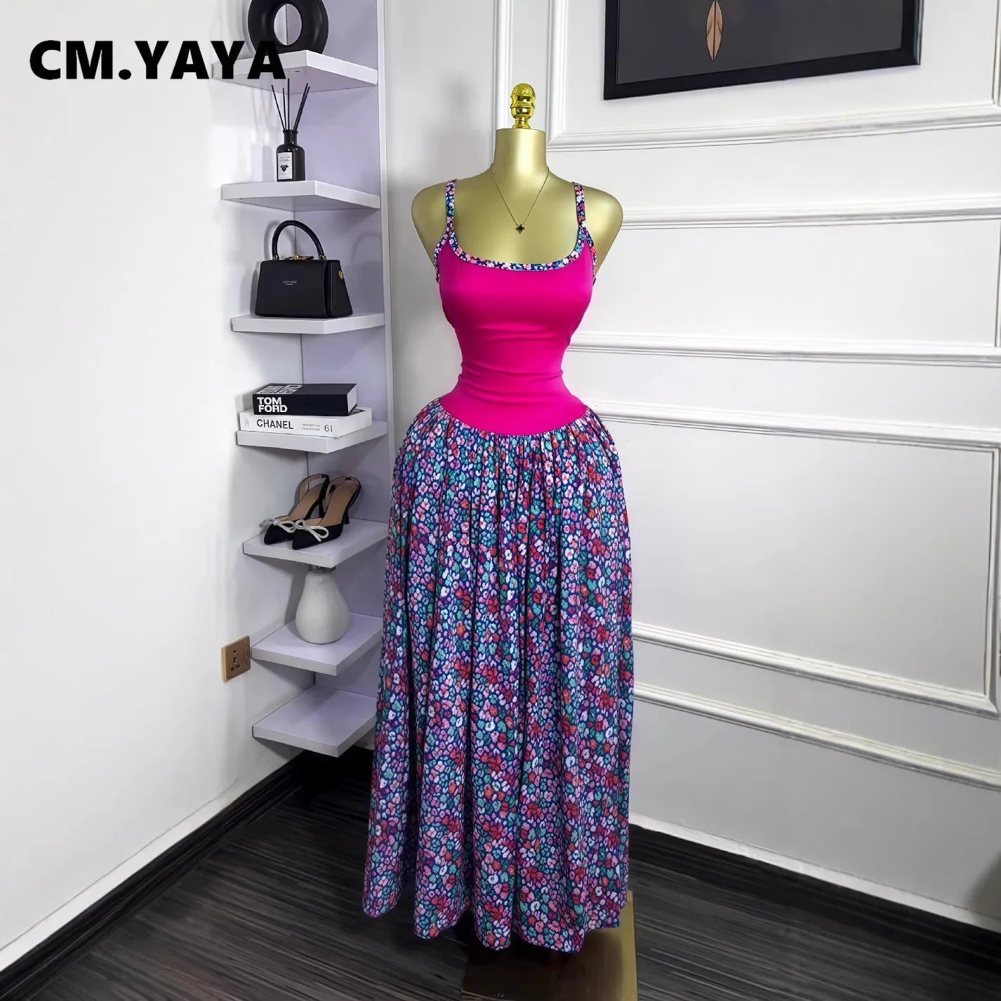 CM.YAYA Women Floral Printed Patchwork Strap Tank Maxi Long Dress 2025 Summer Beach Birthday Sexy Club Party Evening Dresses