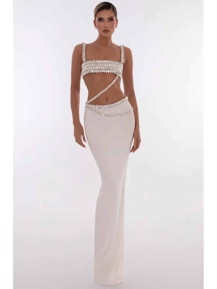 New Women Summer Celebrity Sexy Beading Split Maxi Long White Bandage Skirt Set 2024 Knitted Elegant Evening Club Party Clothing WHITE