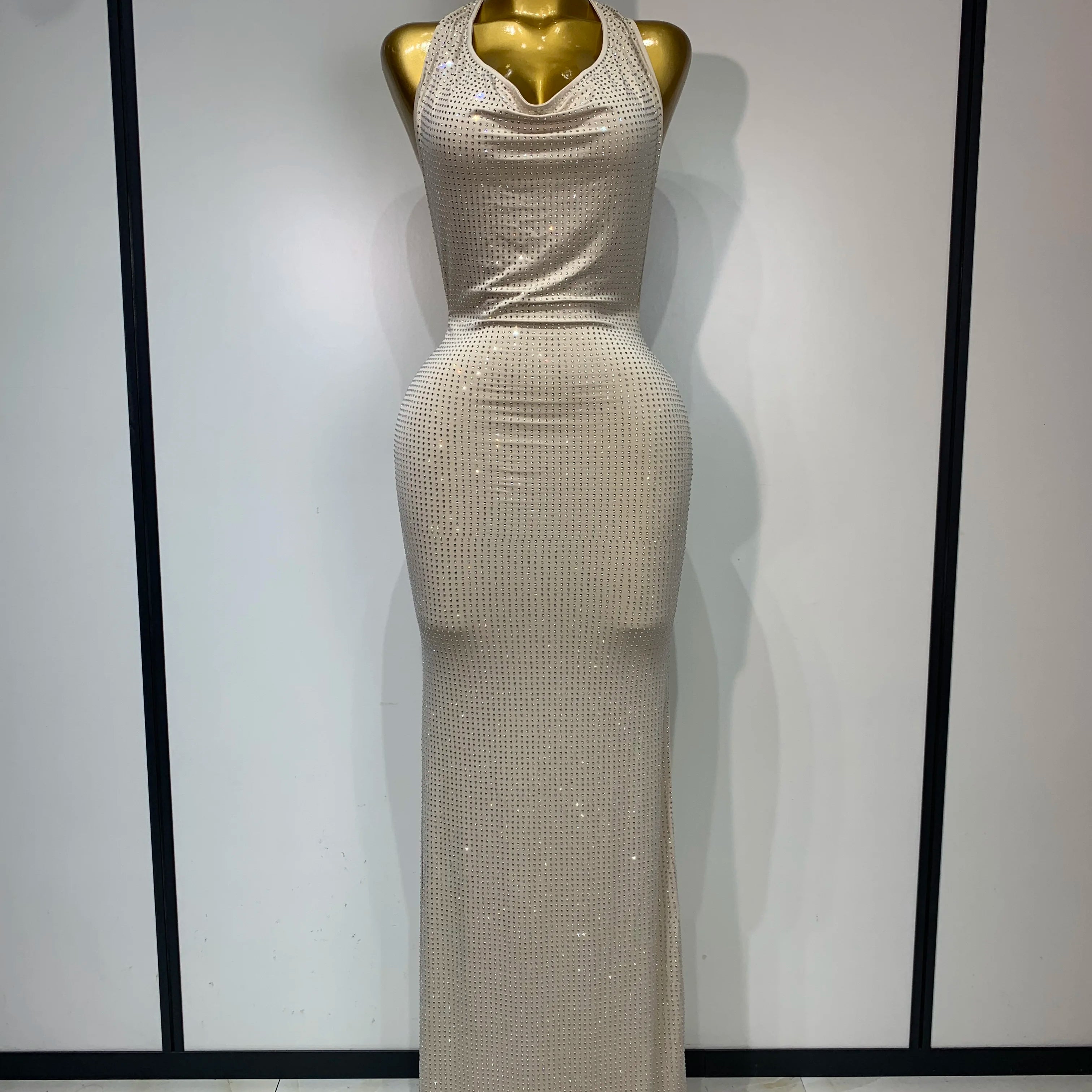 Sexy Backless Bodycon Dress Women Eegant Birthday Evening Party Dresses Luxury Formal Prom Dresses Sparkly Nightclub Vestidos Beige