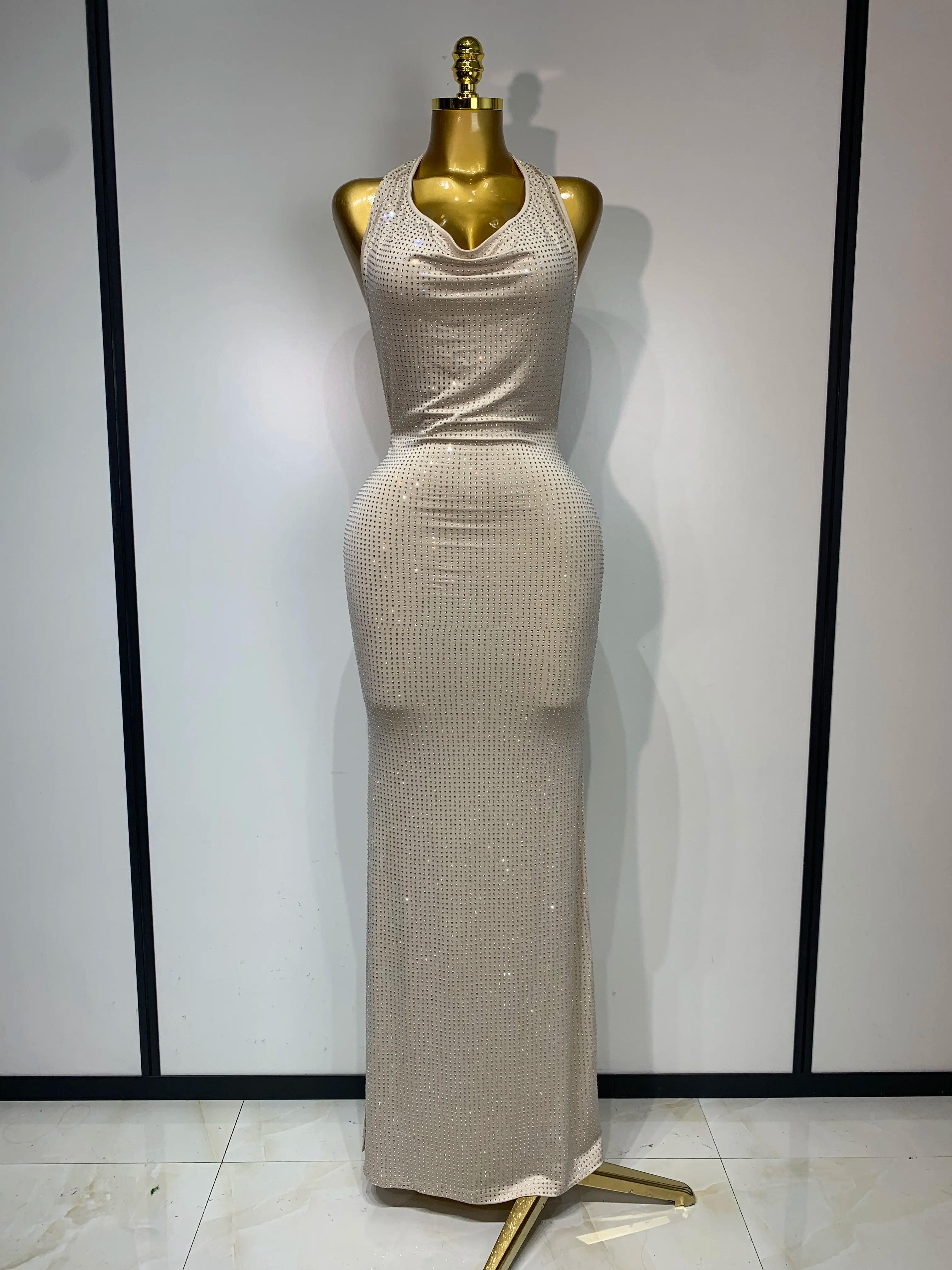 Sexy Backless Bodycon Dress Women Eegant Birthday Evening Party Dresses Luxury Formal Prom Dresses Sparkly Nightclub Vestidos Beige