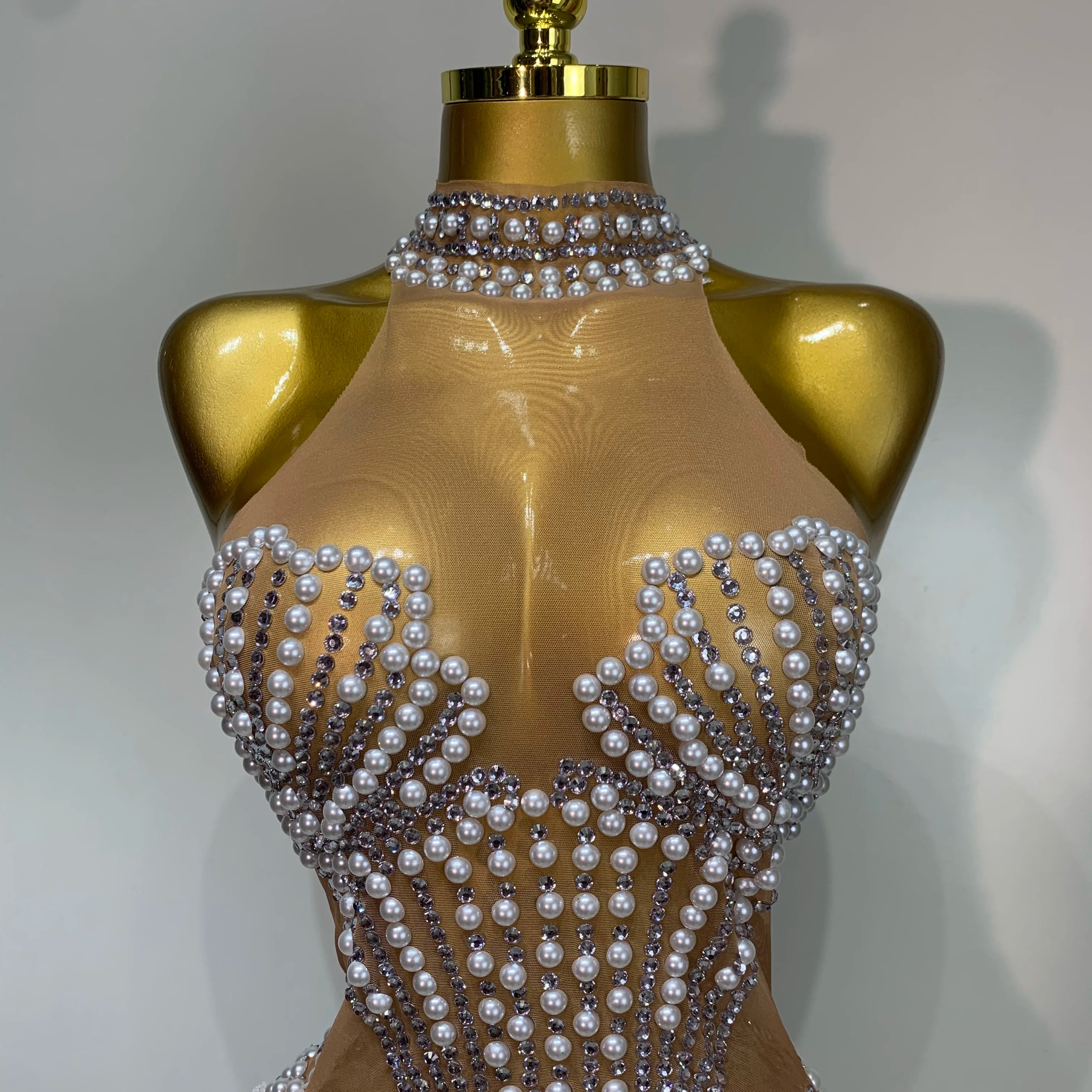Women Sparkly Rhinestones Pearls Tassel Sexy Mesh See Through Dress Latin Dance Outfits Bar Nightclub Party Stage Costume