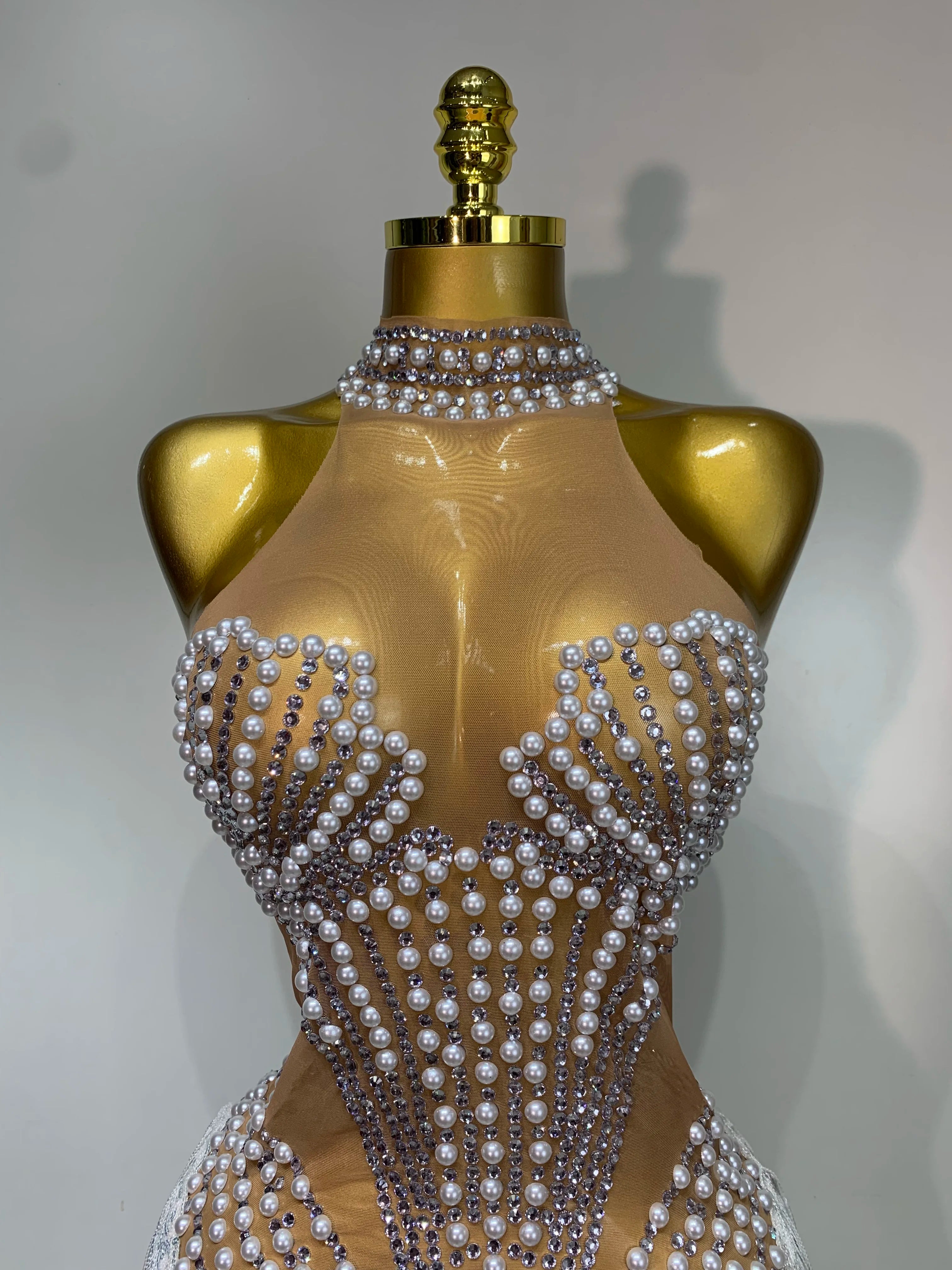 Women Sparkly Rhinestones Pearls Tassel Sexy Mesh See Through Dress Latin Dance Outfits Bar Nightclub Party Stage Costume