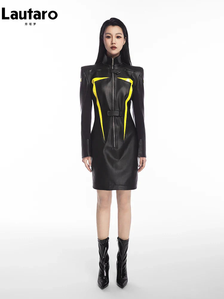 Spring Autumn Cool Red and Black Patchwork Faux Leather Maxi Dress Women with Detachable Hem Luxury Designer Clothing