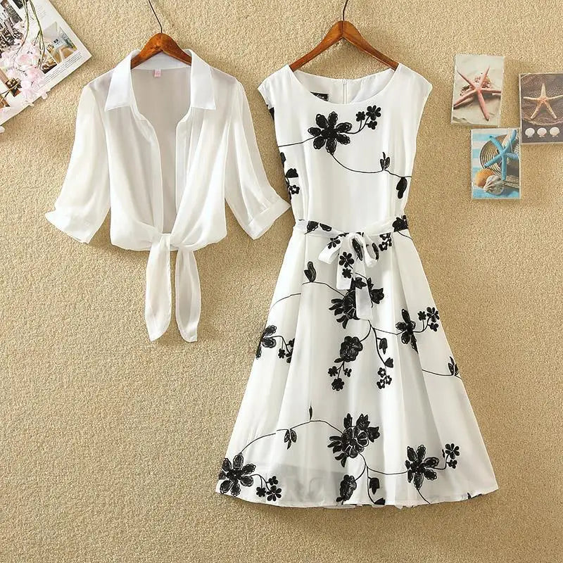 New Elegant Suit Two-piece Dress High Waist Sleeveless Slim A-line Skirt Floral Embroidery White Top Bow Belt Vintage WOMEN White Suit