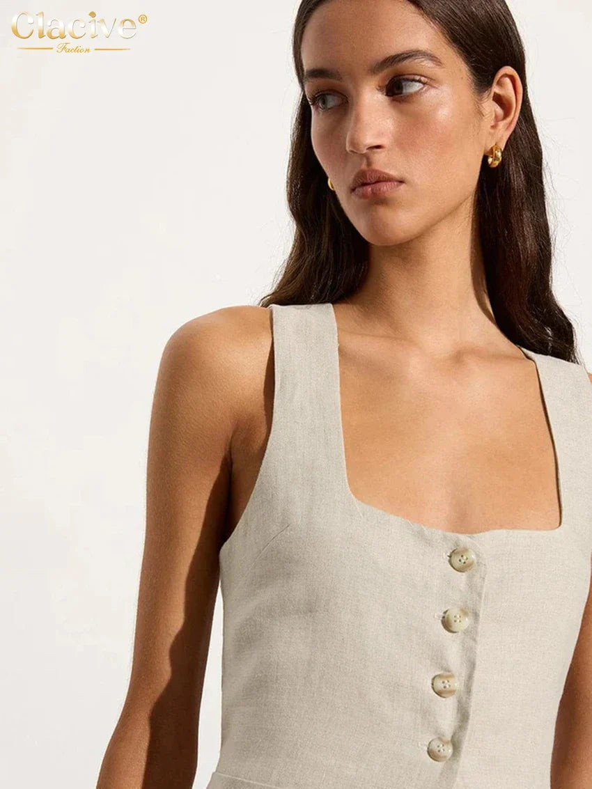 Clacive Summer Slim Khaki Linen 2 Piece Sets Women Outfit Fashion Sleeveless Tank Top With High Waist Pants Set Female