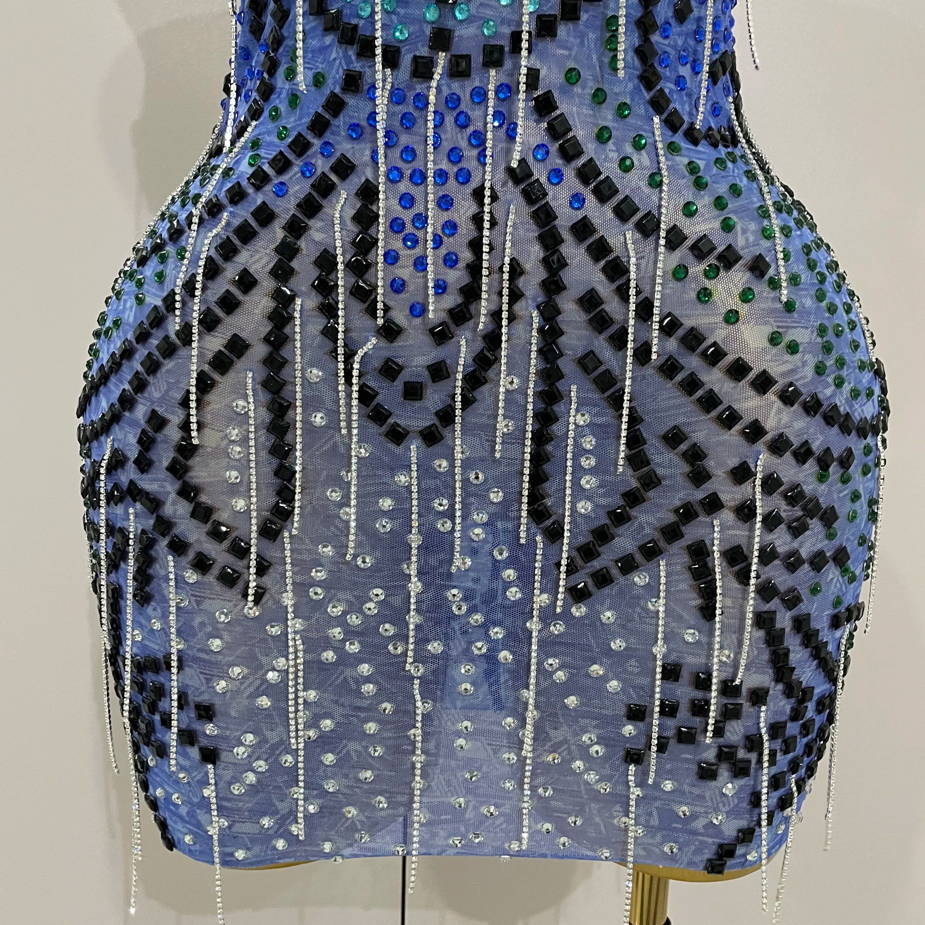 Sexy Sparkly Rhinestones Chains Blue Mesh Short Dress 2025 New Women Party Celebrate Birthday Dresses Photo Shoot Stage Wear