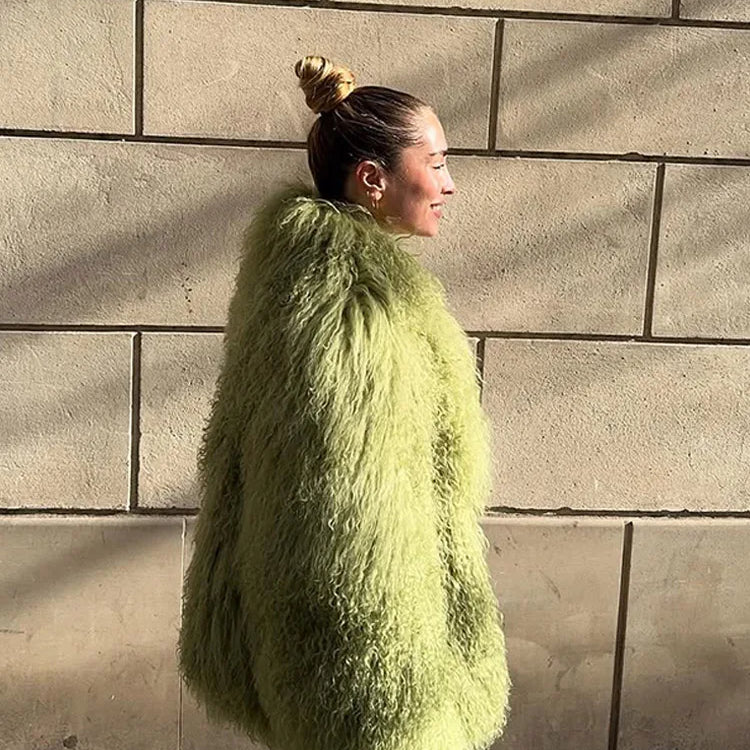 Green Luxury Fluffy Faux Fur Jacket Women Fashion Lapel Long Sleeve Loose Warm Coat 2025 Winter Lady High Street Outerwear