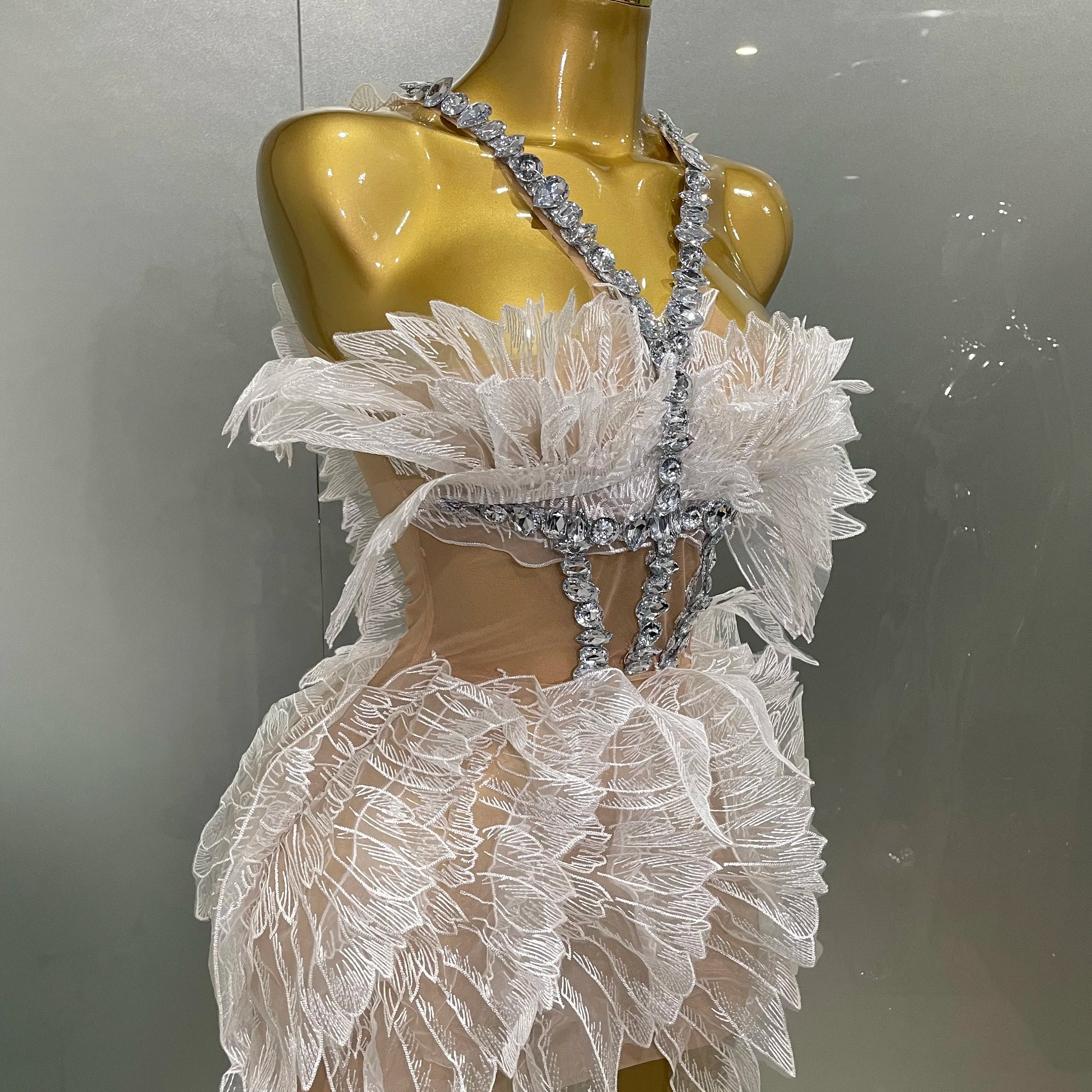 Sexy Shining Gold Crystal Transparent Wings Mini Dress 2025 Women Birthday Party Bar Nightclub Singer Stage Performance Costume