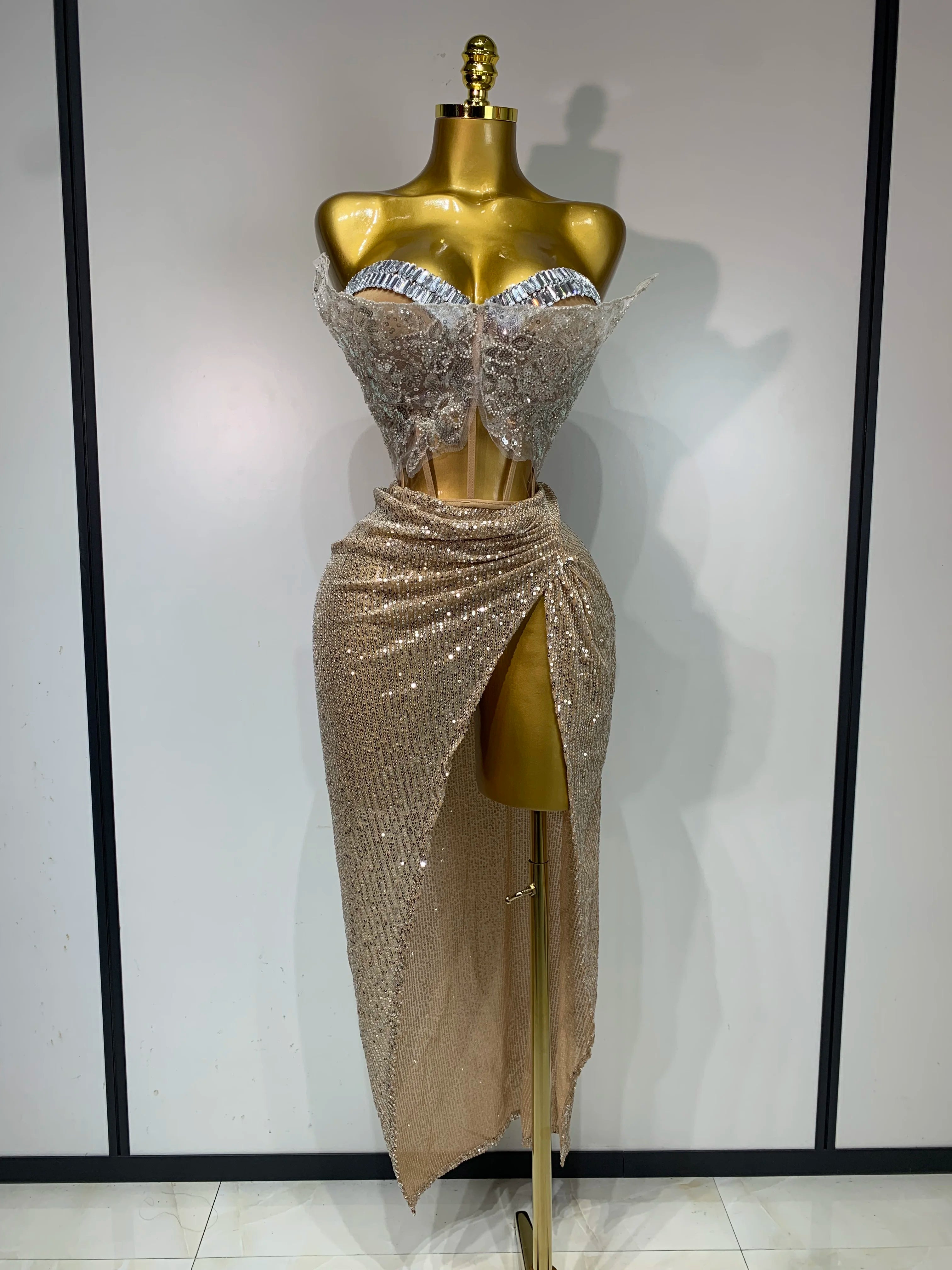 Women Sexy Singer Dancer Performan Costume Night Club Bar Girl Sparkly Sequins Diamond Party Two Piece Set Evening 0utfit Silver