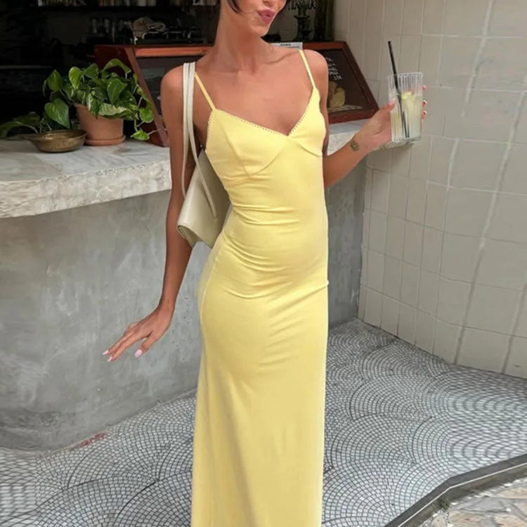Spaghetti Strap Backless Sexy Maxi Dress For Women Gown Summer New Yellow Sleeveless Bodycon Long Dress Vestido