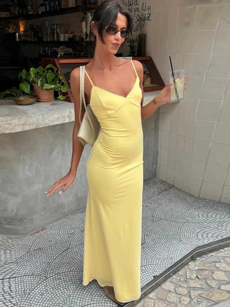 Spaghetti Strap Backless Sexy Maxi Dress For Women Gown Summer New Yellow Sleeveless Bodycon Long Dress Vestido