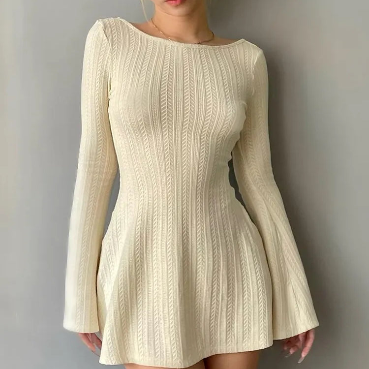Solid Knitted Backless Dresses for Women Autumn Winter 2024 Elegant Long Sleeve Bodycon Mini Dress Casual