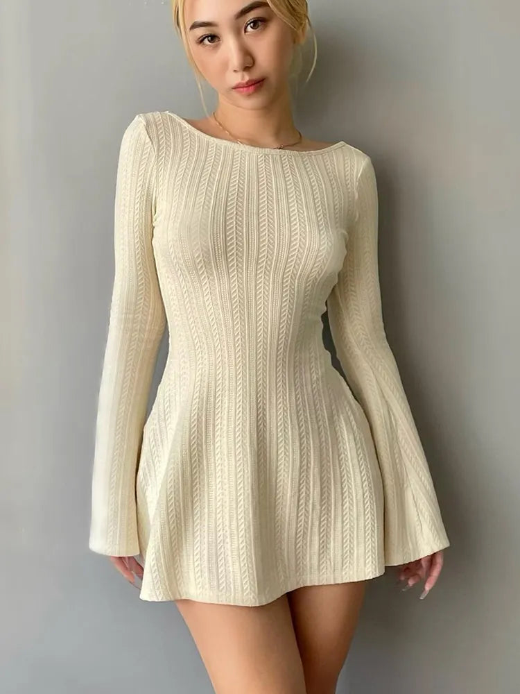 Solid Knitted Backless Dresses for Women Autumn Winter 2024 Elegant Long Sleeve Bodycon Mini Dress Casual