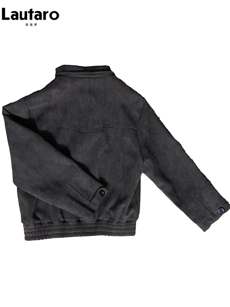 Lautaro Autumn Short Windproof Soft Brown Faux Suede Leather Jacket Men with Plaid Lining Inside Elegant Luxury Designer Clothes