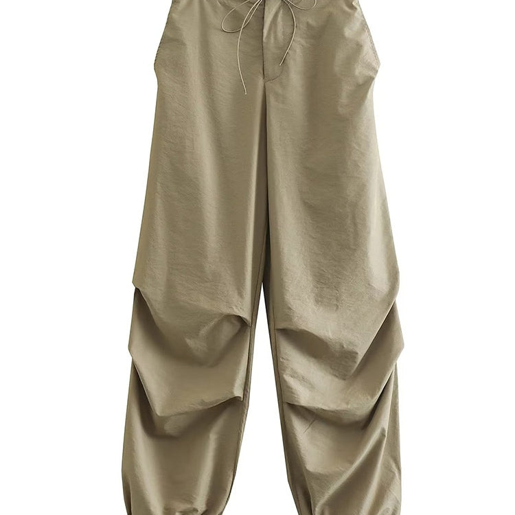 TRAF Women Fashion Side Pockets Pleats Knee Jogging Pants Vintage High Elastic Waist With Drawstring Female Trousers Mujer as picture 3