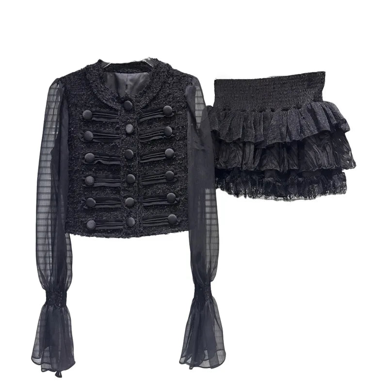 Autumn New Fashion Tweed Mesh Sleeve Short Jacket For Women High Elastic Waist Cake Skirt Female Trend 11A07728