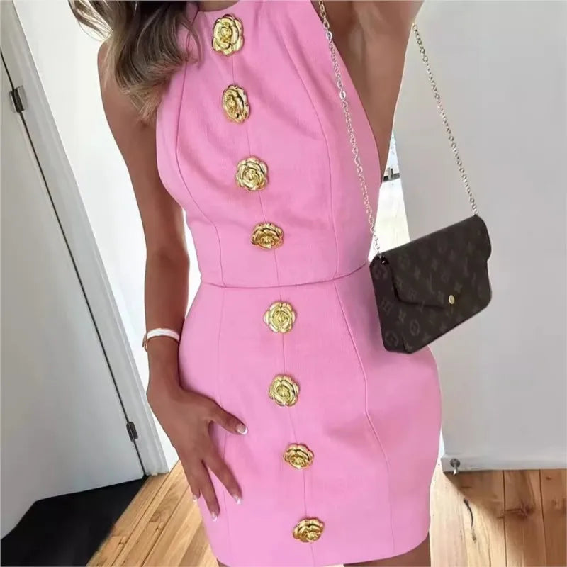 Women Summer Halter Backless Mini Dress Sleeveless Gold Button Solid Color New Fashion Elegant Dresses Lady Chic Party Vestidos