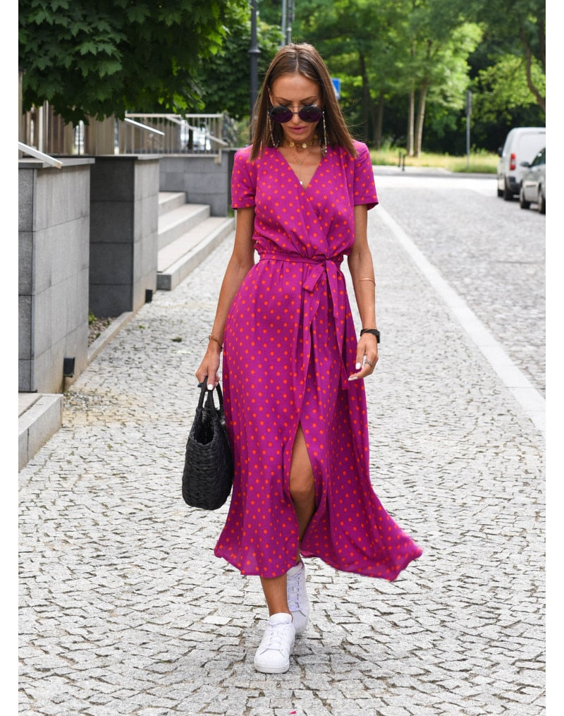 Women Casual Floral Print Dress Summer Elegant V-neck Short Sleeve Waist Lace Up Maxi Dresses Female Holiday Split Long Dress Rose