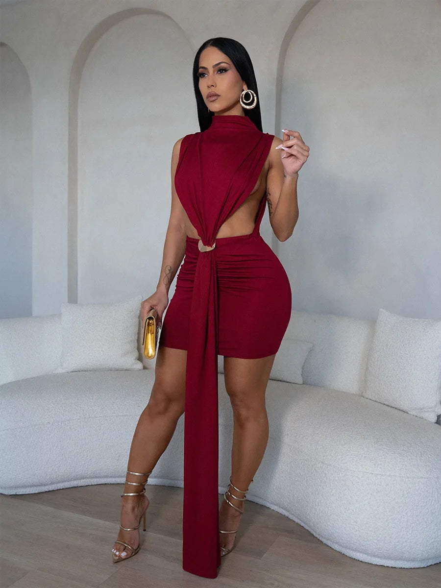 Women O-neck Ruched Stacked Bodycon Midi Mini Dress 2025 Summer Birthday Evening Party Club Vestidos Sexy Chic Dresses Burgundy