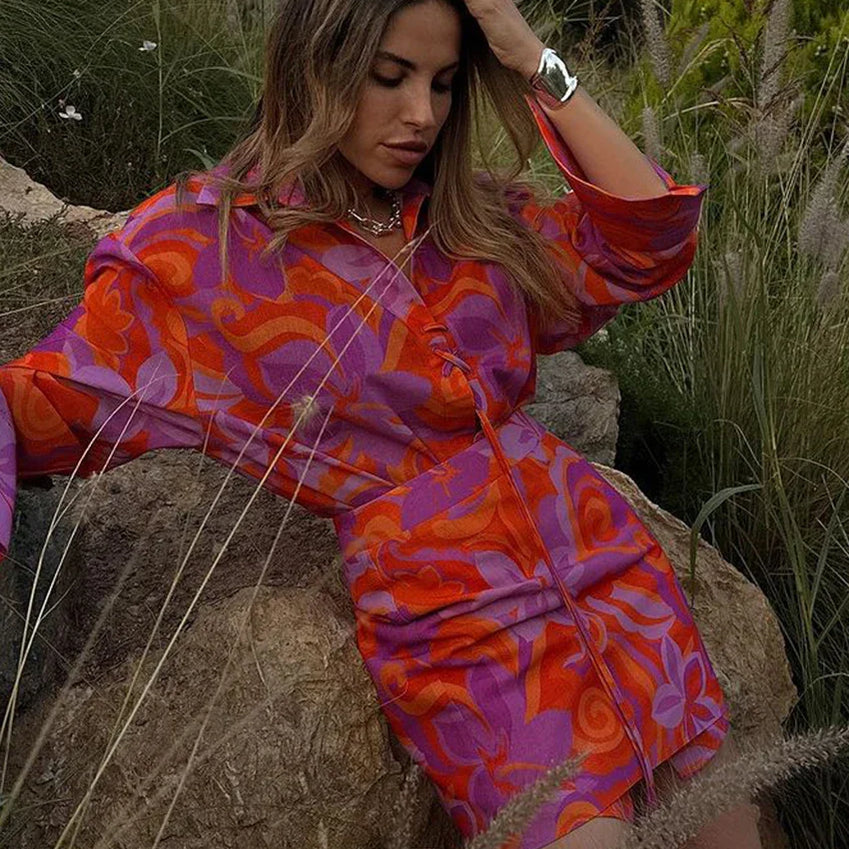 Clacive Fashion Loose Print 2 Piece Sets Women Outfit Elegant Long Sleeve Shirt With High Waist Mini Skirts Set Streetwear