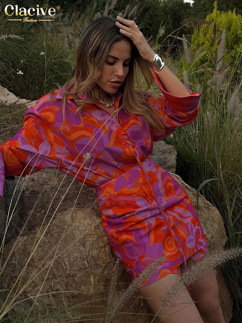 Clacive Fashion Loose Print 2 Piece Sets Women Outfit Elegant Long Sleeve Shirt With High Waist Mini Skirts Set Streetwear