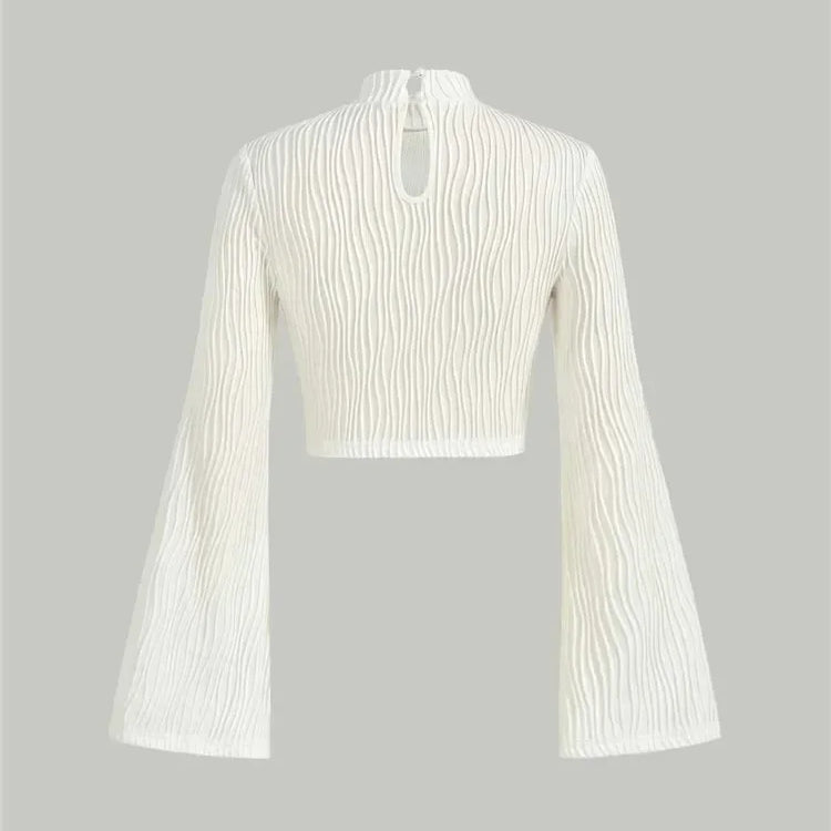 Women Textured Mock Neck Flare Long Sleeve Crop Top Fall Winter Elegant Preppy Style Y2K Rib Knit Slim T Shirt Blouse 2023